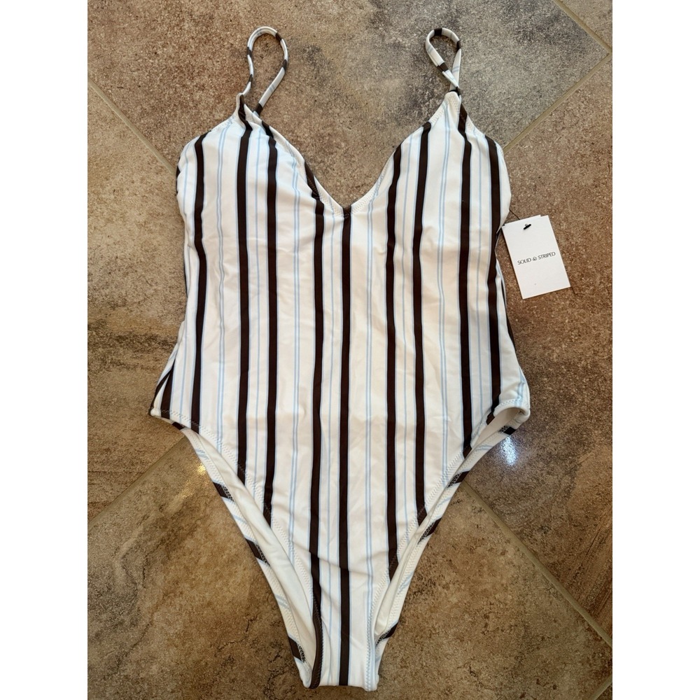Women's Solid & Striped Brown Striped One Piece Swimsuit High Leg Cheeky Medium